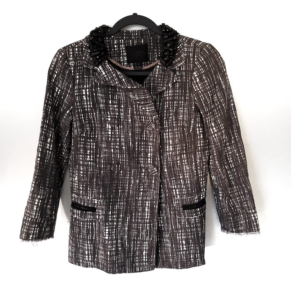 J Crew Size 0 Contessa Tweed Raw Hem Jeweled Suit Jacket Blazer